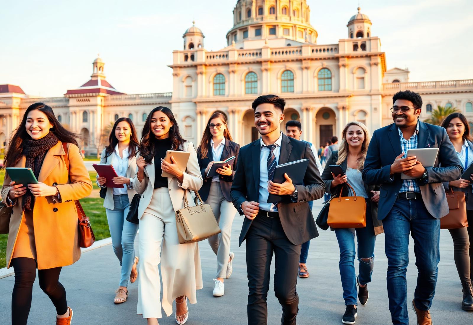 Diverse international students walking on a university campus abroad